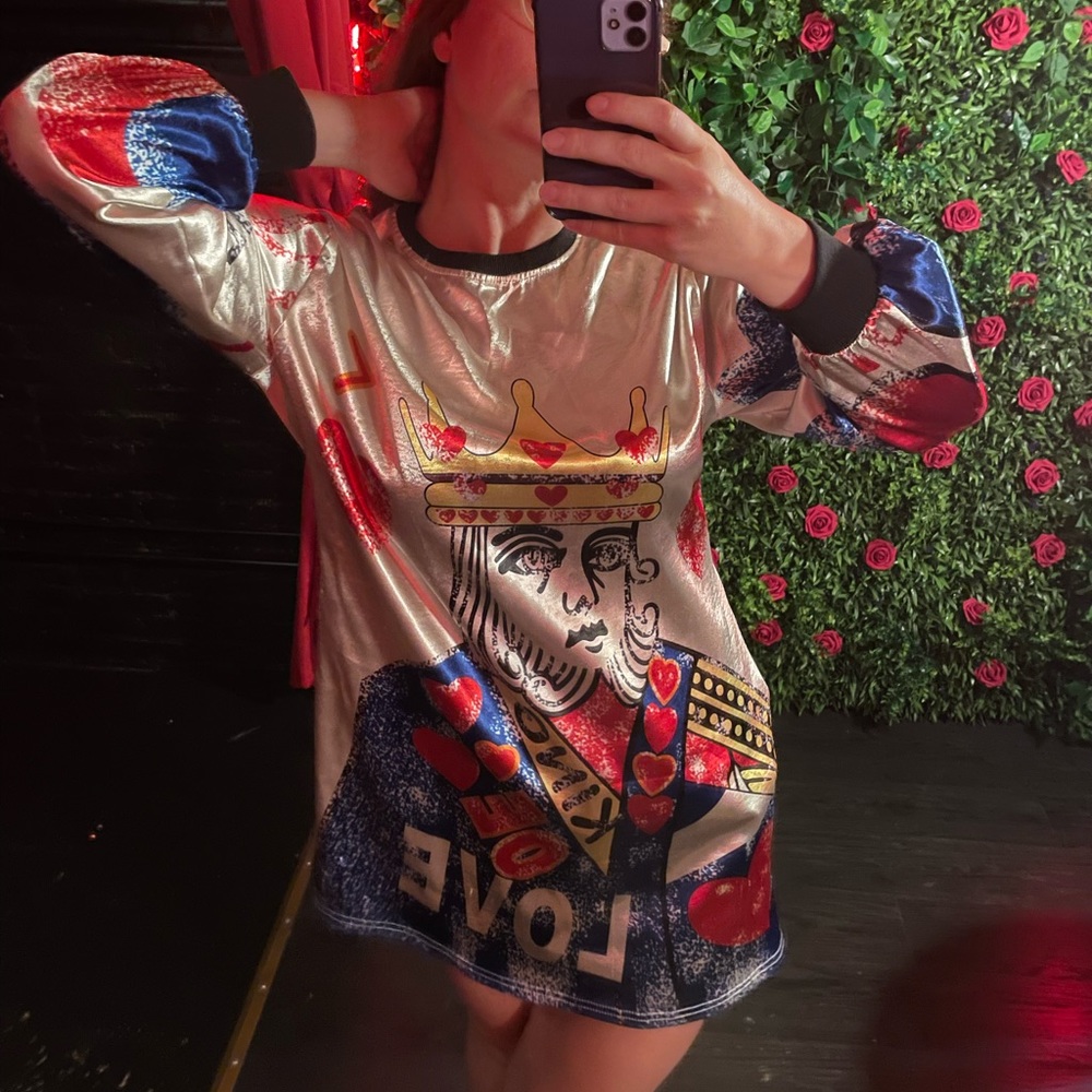 Anthropologie King Of Hearts Card Games Satin Shimmer Mini Dress Long Sleeves - Picture 2 of 14